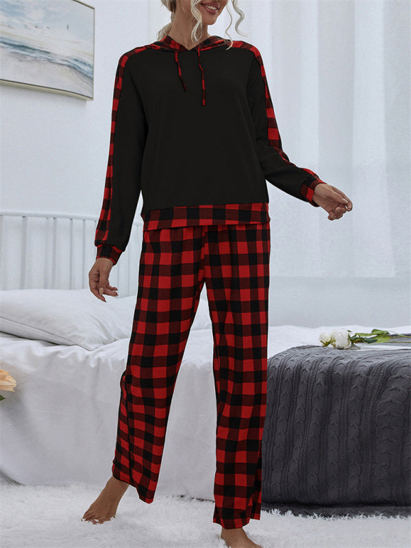 Mix Media Plush Hoodie And Plaid Print Pants - Serenity Land fashion