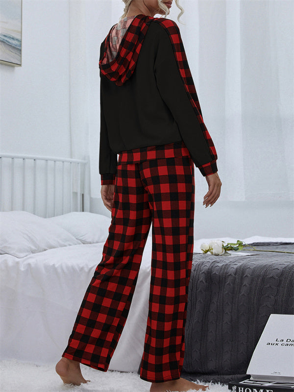 Mix Media Plush Hoodie And Plaid Print Pants - Serenity Land fashion