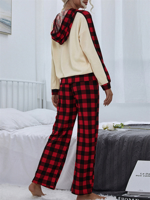 Mix Media Plush Hoodie And Plaid Print Pants - Serenity Land fashion