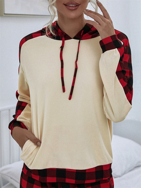 Mix Media Plush Hoodie And Plaid Print Pants - Serenity Land fashion