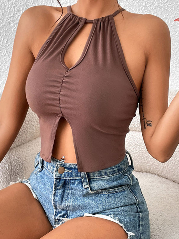 Solid Color Crop Keyhole Cutout Top