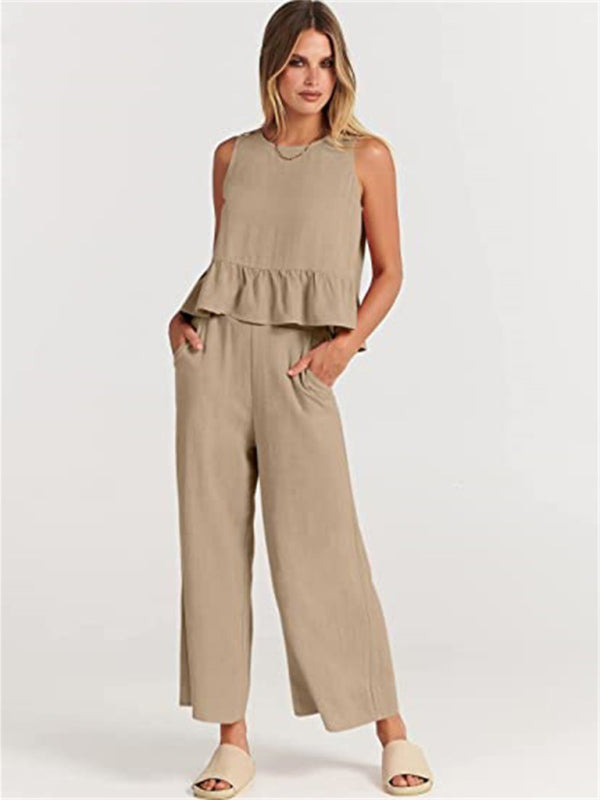 Women's Ruffle Sleeveless Top With Matching Wide-leg Pants
