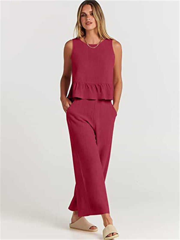 Women's Ruffle Sleeveless Top With Matching Wide-leg Pants
