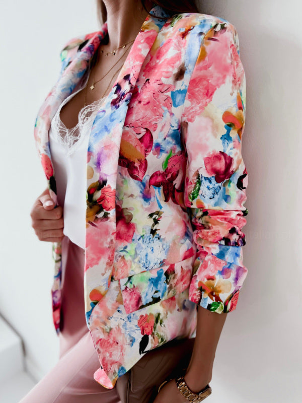 Women's Floral Print Open Front Blazer - Serenity Land fashion
