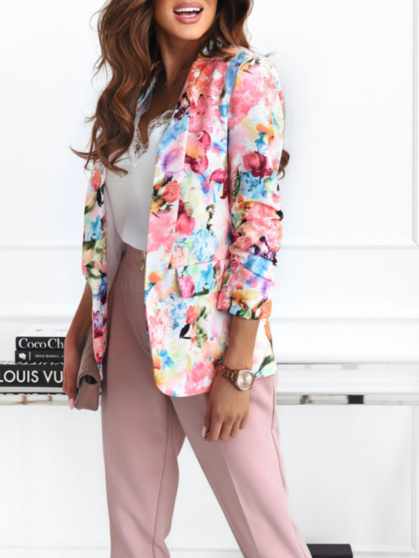 Women's Floral Print Open Front Blazer - Serenity Land fashion