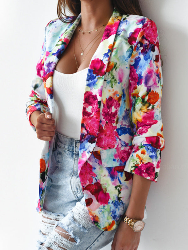 Women's Floral Print Open Front Blazer - Serenity Land fashion