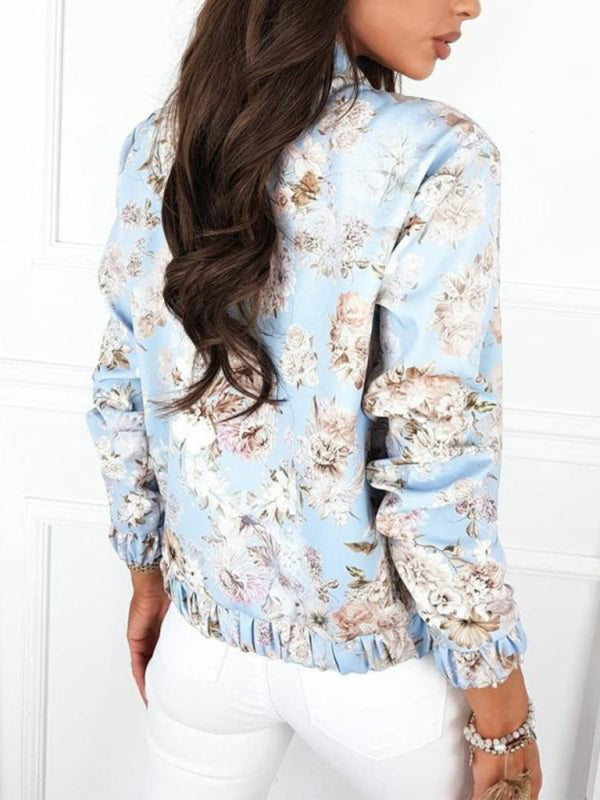 Women’s Floral Print Full Zip Bomber Jacket - Serenity Land fashion
