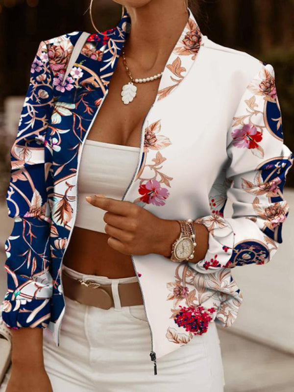 Women’s Floral Print Full Zip Bomber Jacket - Serenity Land fashion