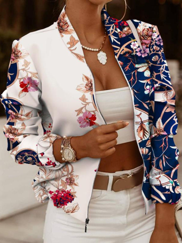 Women’s Floral Print Full Zip Bomber Jacket - Serenity Land fashion