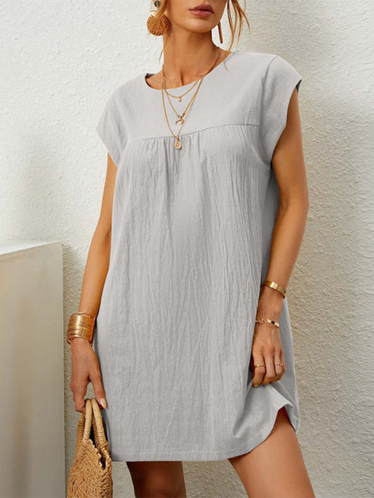 Solid Color Linen Shift Dress - Serenity Land fashion
