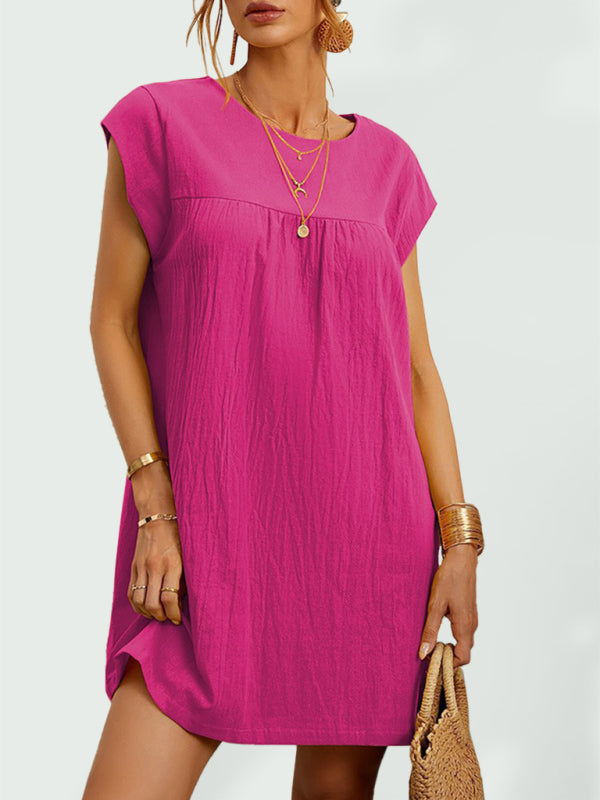 Solid Color Linen Shift Dress - Serenity Land fashion
