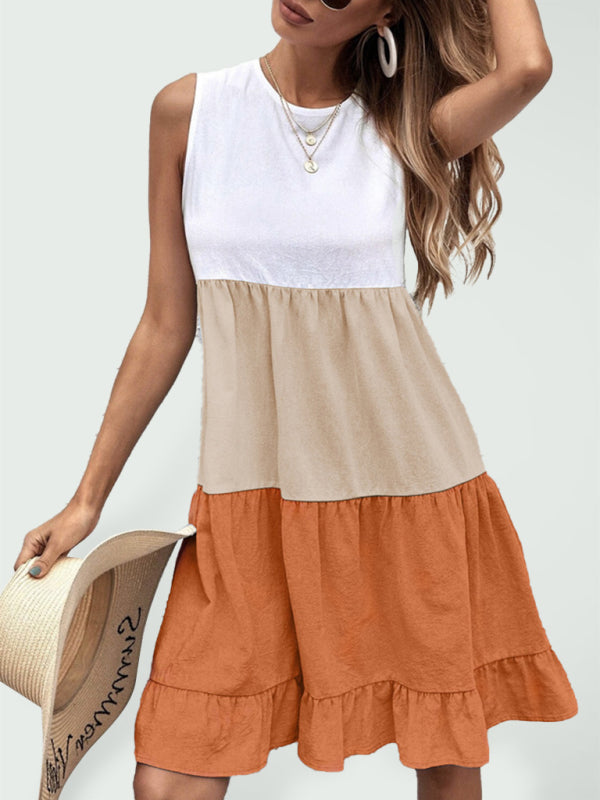 Color Block Crew Neck Tiered Dress