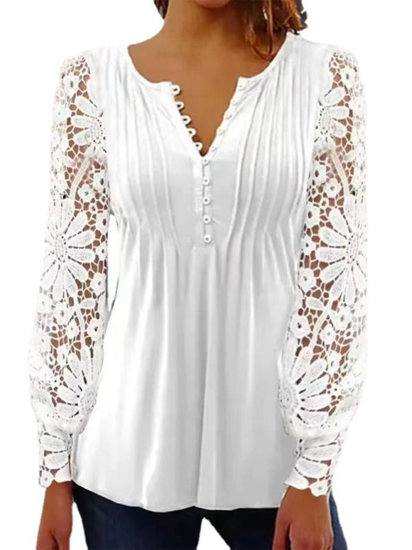 lace sleeves, pleated solid color shirt - Serenity Land fashion