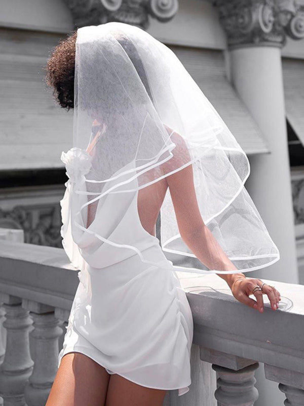 Solid Color Cowl Neck Flower Applique Mini Dress - Serenity Land fashion