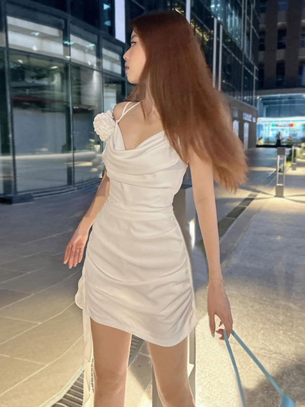 Solid Color Cowl Neck Flower Applique Mini Dress - Serenity Land fashion