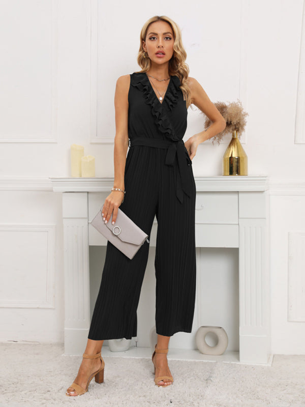Sleeveless V Neck Ruffle Lace Pleated Jumpsuit - Serenity Land fashion