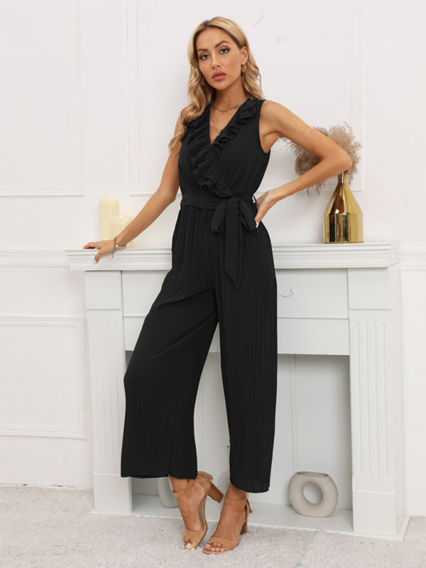Sleeveless V Neck Ruffle Lace Pleated Jumpsuit - Serenity Land fashion