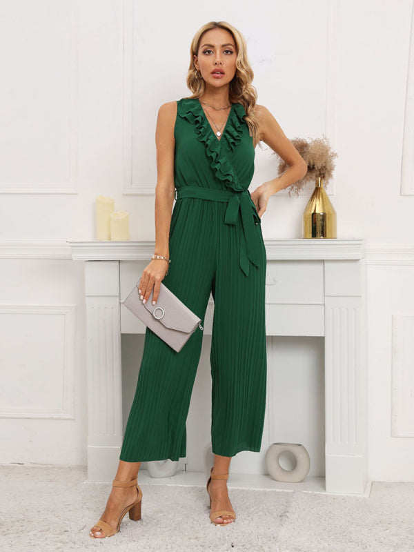 Sleeveless V Neck Ruffle Lace Pleated Jumpsuit - Serenity Land fashion