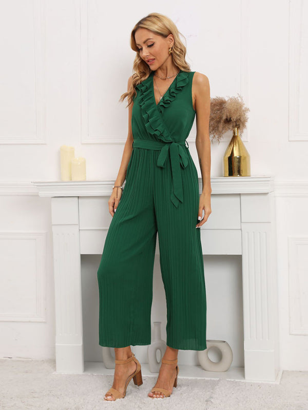 Sleeveless V Neck Ruffle Lace Pleated Jumpsuit - Serenity Land fashion