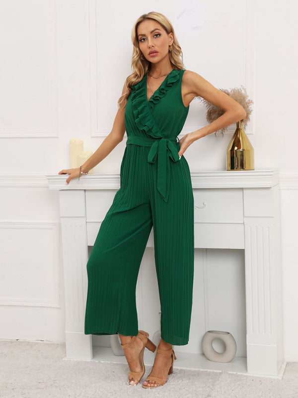 Sleeveless V Neck Ruffle Lace Pleated Jumpsuit - Serenity Land fashion