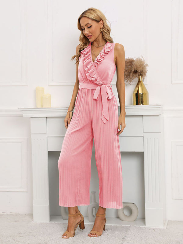 Sleeveless V Neck Ruffle Lace Pleated Jumpsuit - Serenity Land fashion