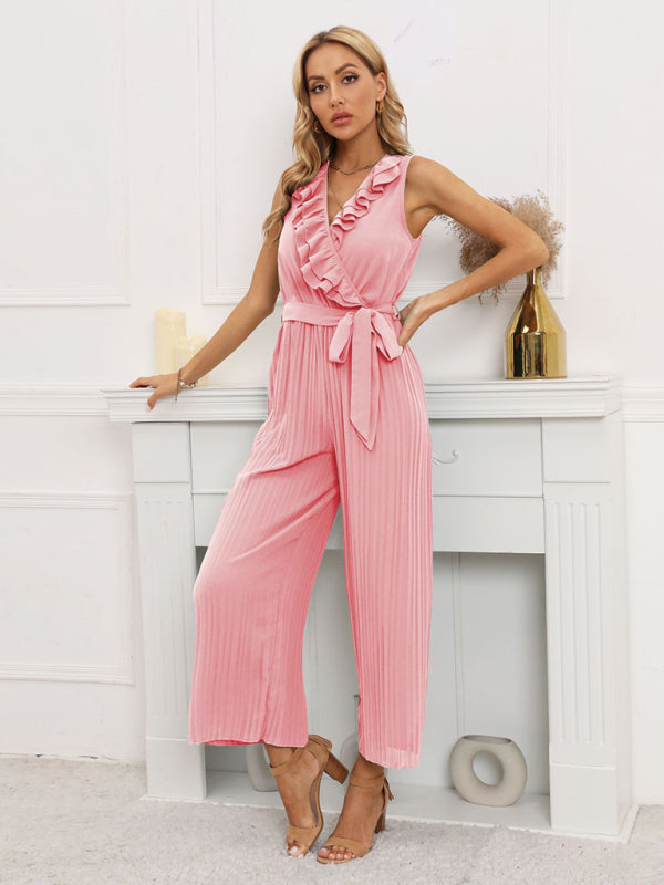 Sleeveless V Neck Ruffle Lace Pleated Jumpsuit - Serenity Land fashion