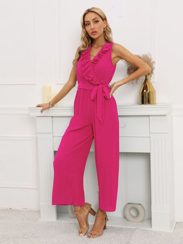 Sleeveless V Neck Ruffle Lace Pleated Jumpsuit - Serenity Land fashion
