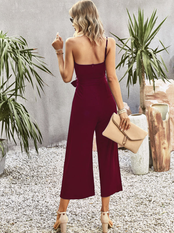 Solid color one-shoulder tie jumpsuit - Serenity Land fashion