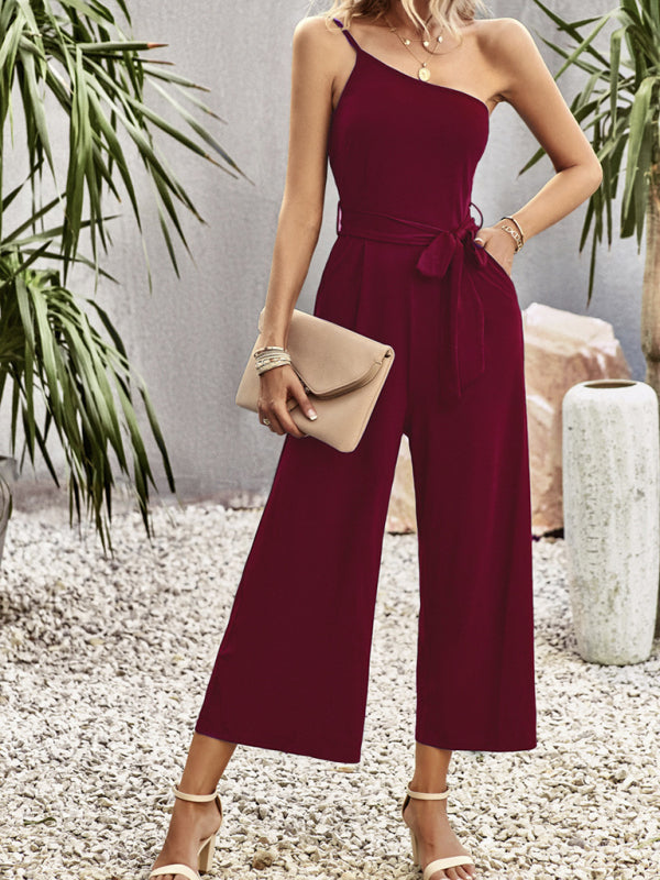 Solid color one-shoulder tie jumpsuit - Serenity Land fashion