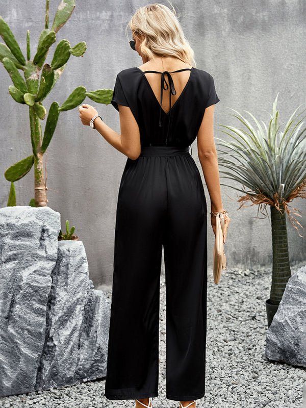 Elegant Solid Color V Neck Jumpsuit - Serenity Land fashion