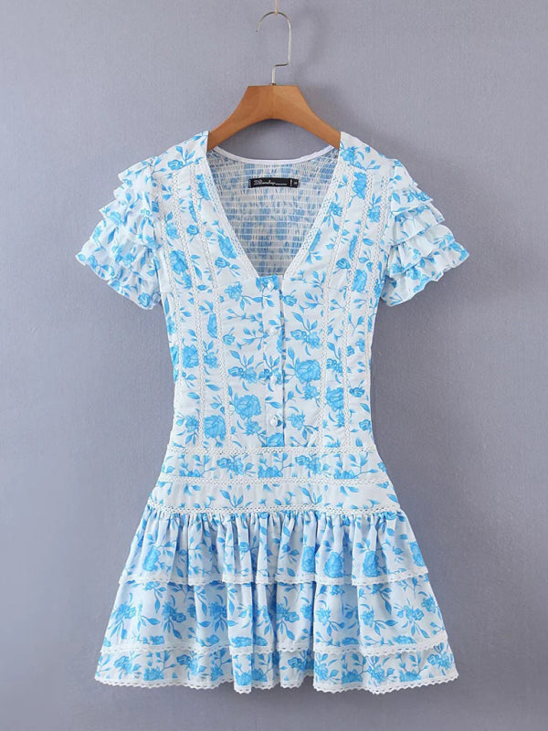 Small fresh V-neck layered floral Dress - Serenity Land fashion