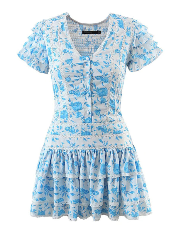 Small fresh V-neck layered floral Dress - Serenity Land fashion