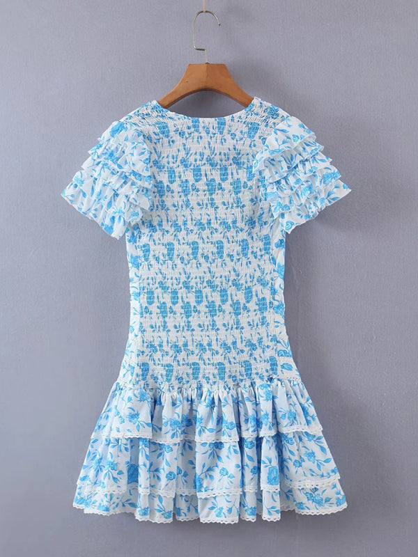 Small fresh V-neck layered floral Dress - Serenity Land fashion