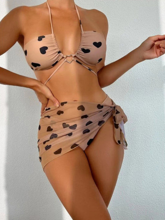 love print two-piece bikini three-piece set - Serenity Land fashion