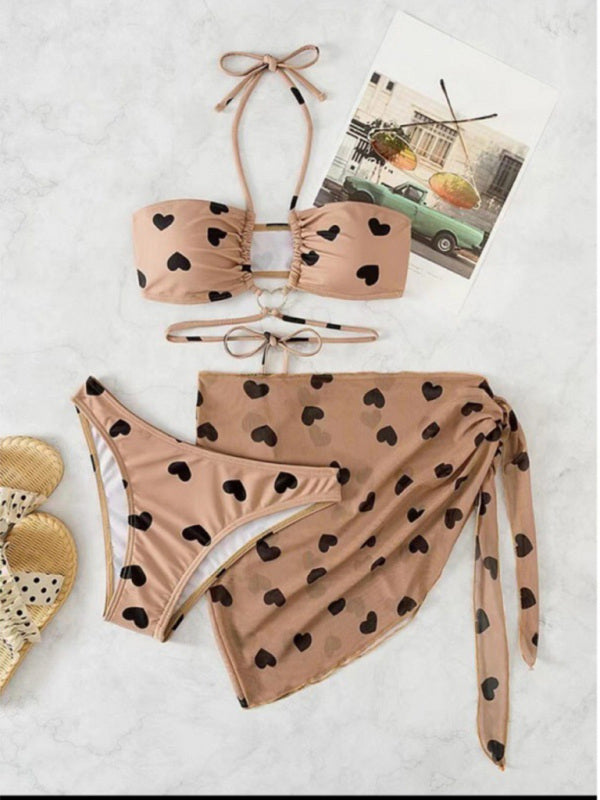 love print two-piece bikini three-piece set - Serenity Land fashion