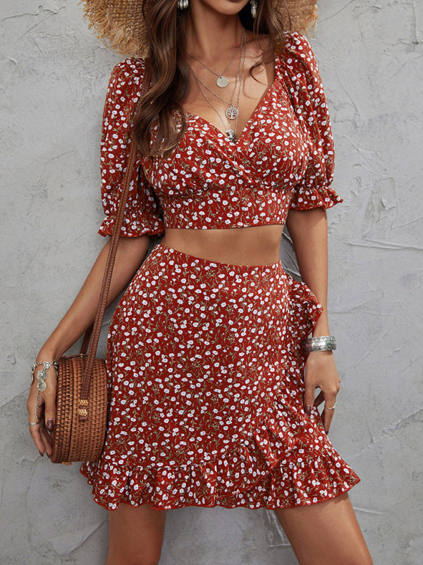 Floral print V-neck waist top + skirt two-piece set
