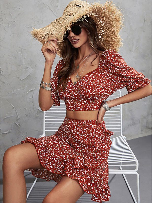 Floral print V-neck waist top + skirt two-piece set