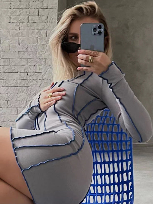 Stripe round neck reverse edge dress - Serenity Land fashion