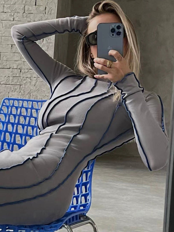 Stripe round neck reverse edge dress - Serenity Land fashion