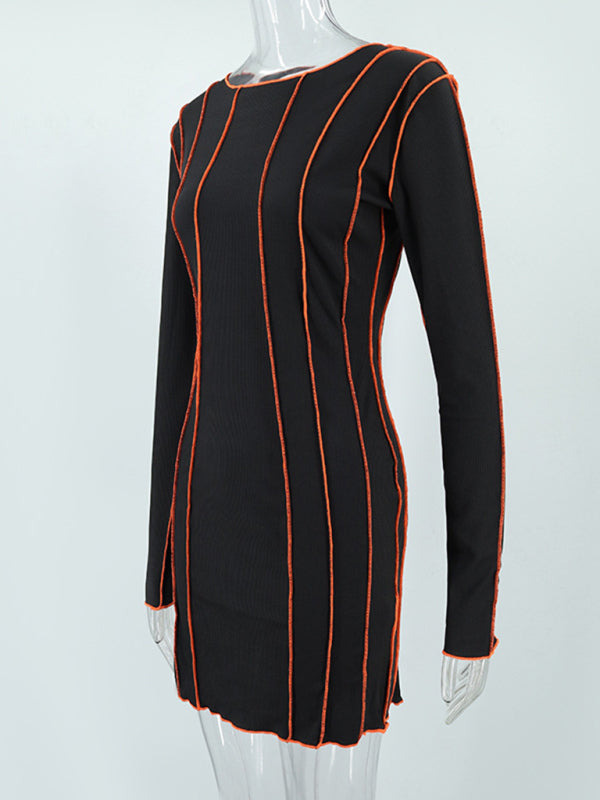 Stripe round neck reverse edge dress - Serenity Land fashion