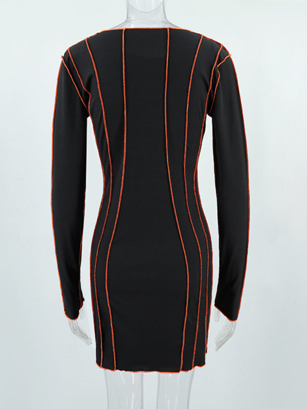 Stripe round neck reverse edge dress - Serenity Land fashion