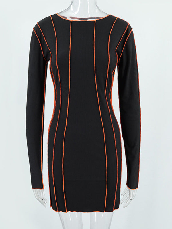 Stripe round neck reverse edge dress - Serenity Land fashion