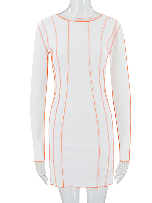 Stripe round neck reverse edge dress - Serenity Land fashion