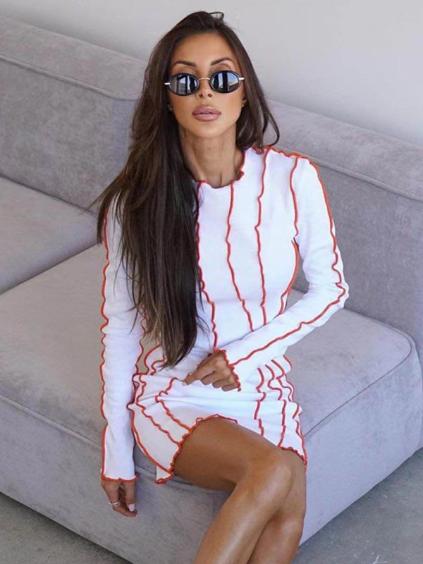Stripe round neck reverse edge dress - Serenity Land fashion