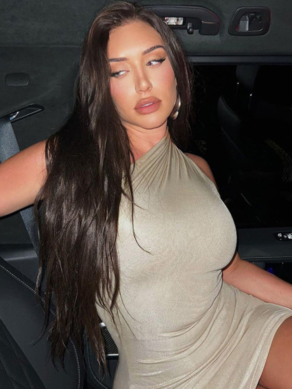 Slant Shoulder Sleeveless Dress - Serenity Land fashion