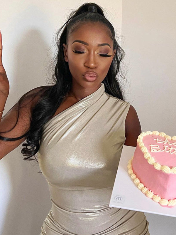 Slant Shoulder Sleeveless Dress - Serenity Land fashion