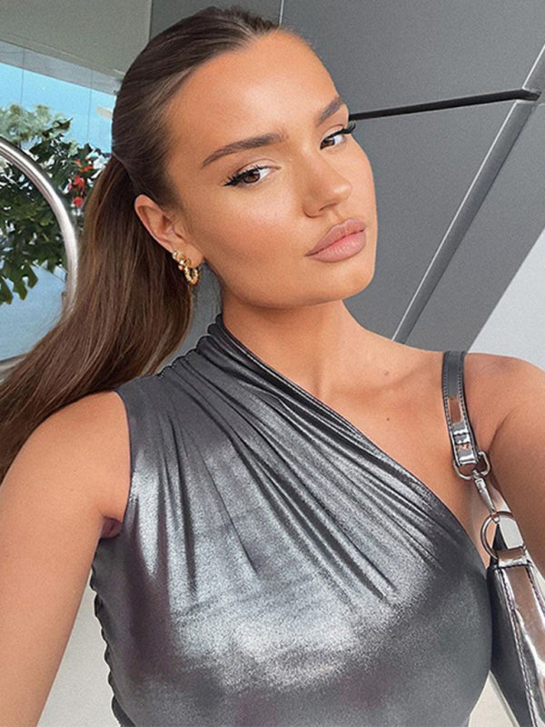 Slant Shoulder Sleeveless Dress - Serenity Land fashion