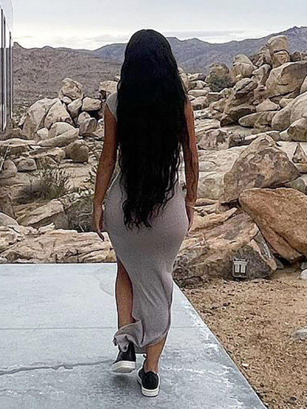 Casual Pleated Shoulder Slit Slim Dress - Serenity Land fashion