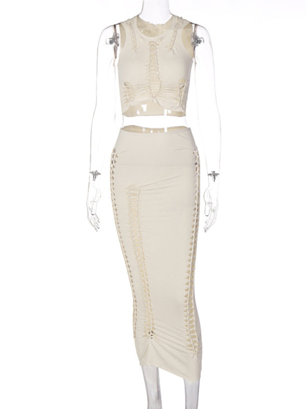 Solid Color Hollow Round Neck Vest & Skirt Set - Serenity Land fashion