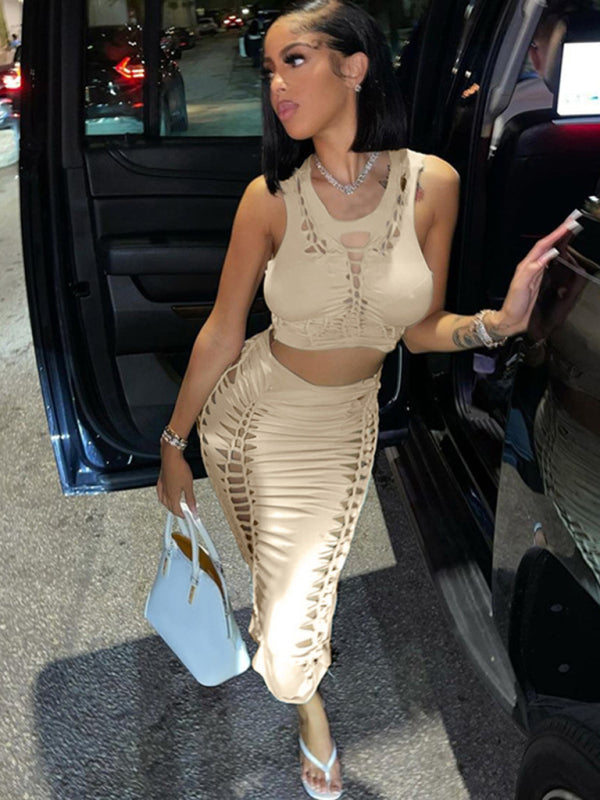 Solid Color Hollow Round Neck Vest & Skirt Set - Serenity Land fashion